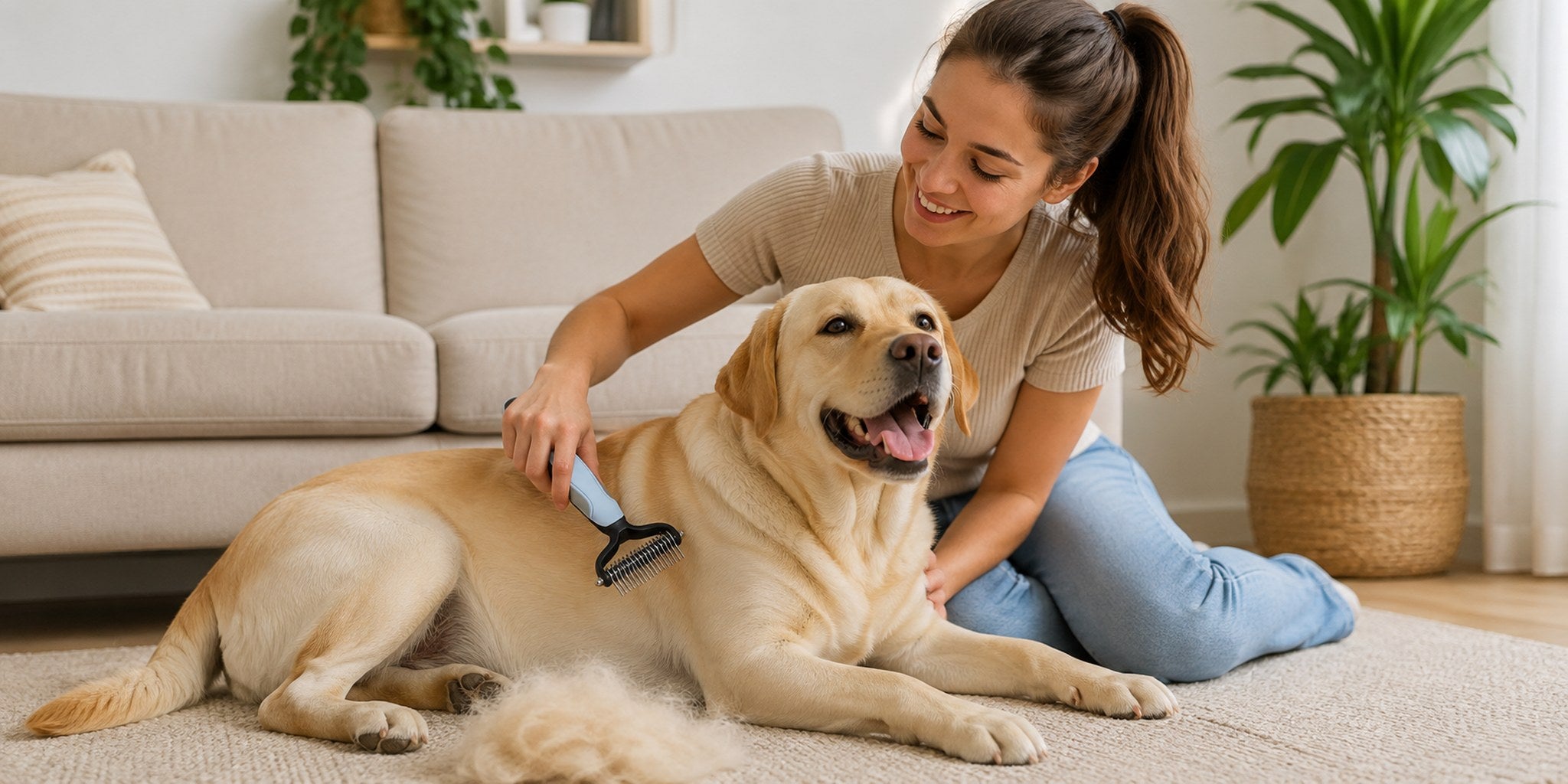 Woman deshedding a happy golden Labrador with a Coatsy grooming tool in her living room
